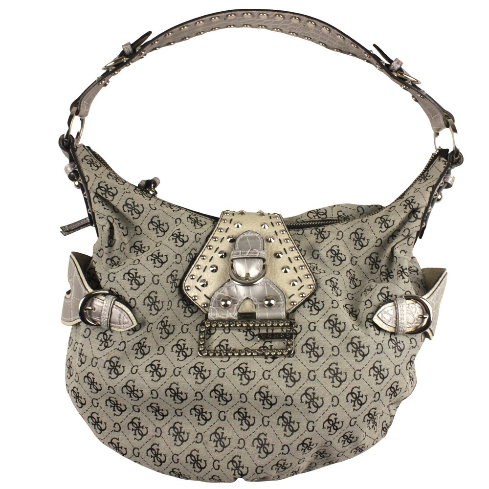 Guess Y2K Monogram Slouchy Hobo Bag Studded Buckle Shoulder Purse Indie Sleaze